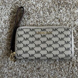 Michael Kors Beige and Brown MK Logo Zip-Around Wristlet